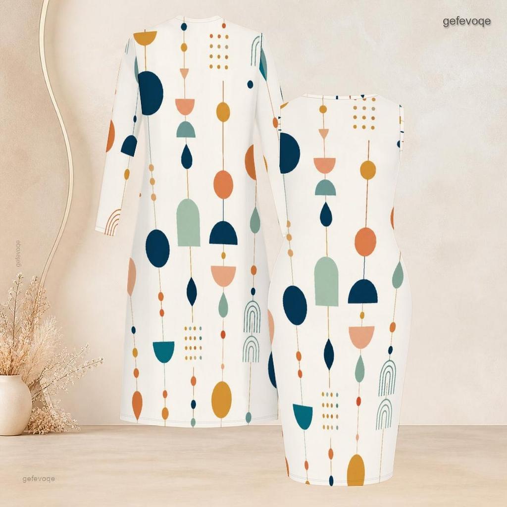 Women Plus Size Two Piece Set Sleeveless Bodycon Dress Long Sleeve Open Front Printed Cardigan