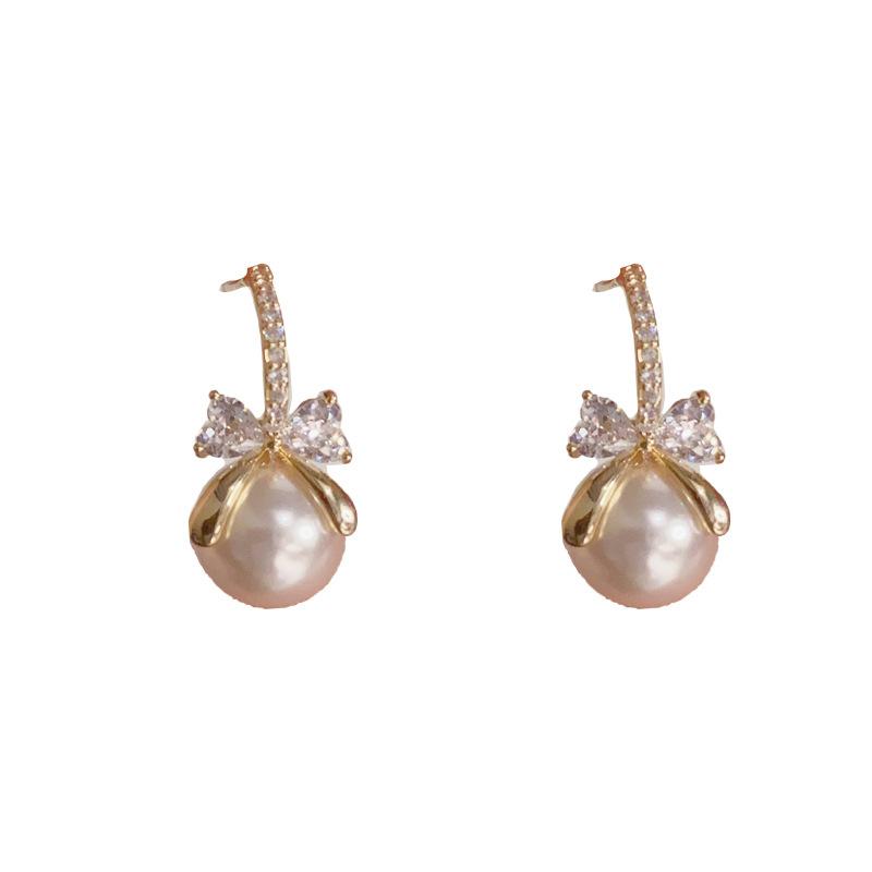 Women Light Luxury Bowknot Zircon Pearl Stud Earrings золотой