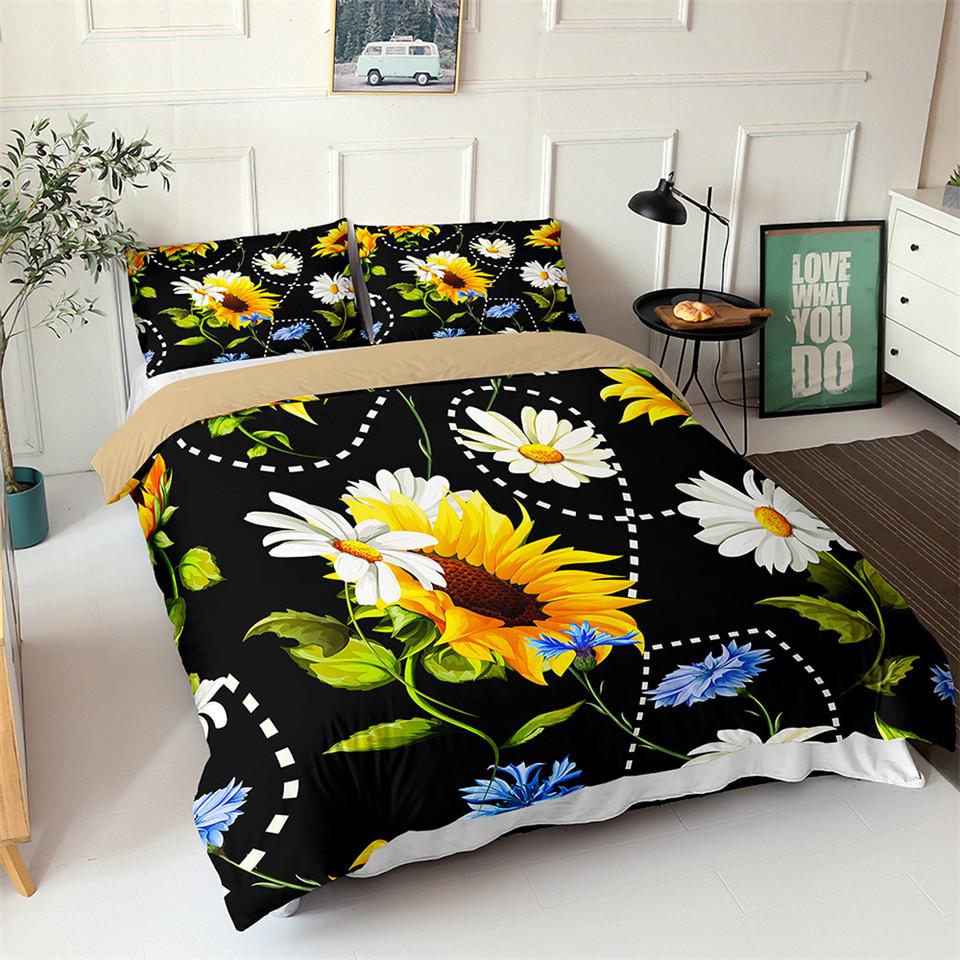 Sunflower Duvet Cover Set Yellow Flower Twin Bedding Set Polyester Black Gold Yellow Sunflowers Print Quilt Cover For Kids Teens