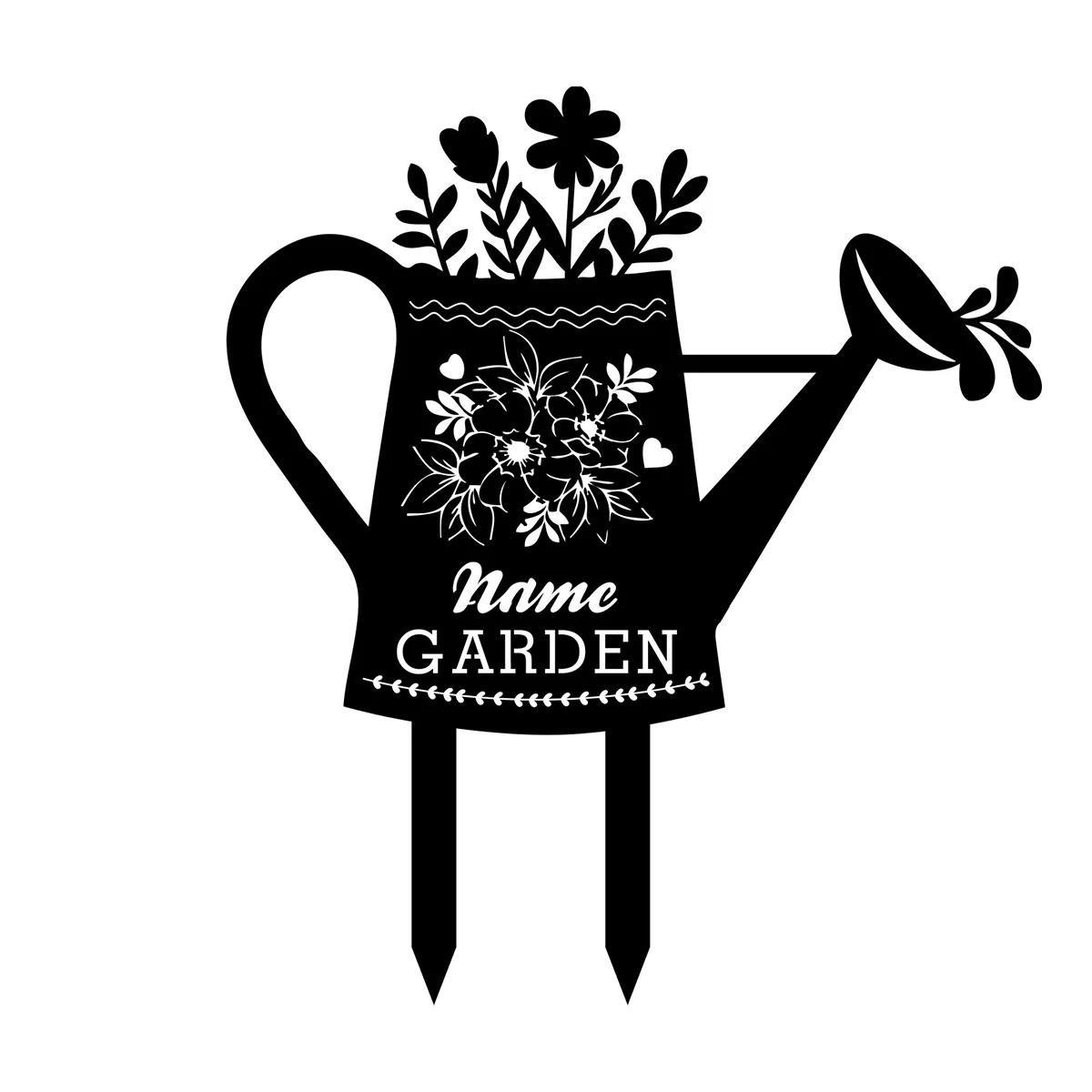 Metal Garden Stake Watering Can Yard Art, Custom Garden Sign Outdoor Decor, Rustic Metal Yard Stake Flower Bed Ornament чёрный