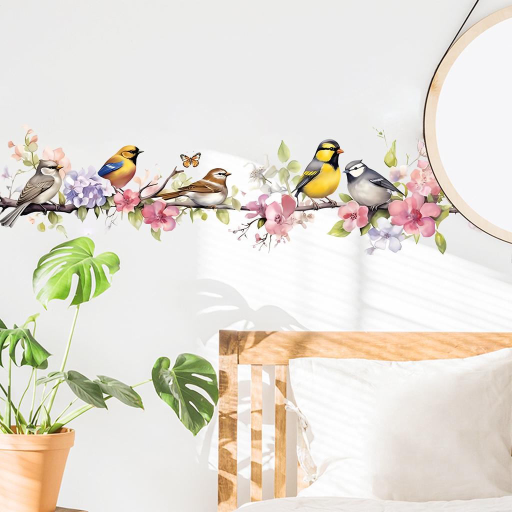 Watercolor Floral Bird Butterfly Wall Sticker Self-Adhesive Removable Bedroom Living Room Bedside Home Decor Art