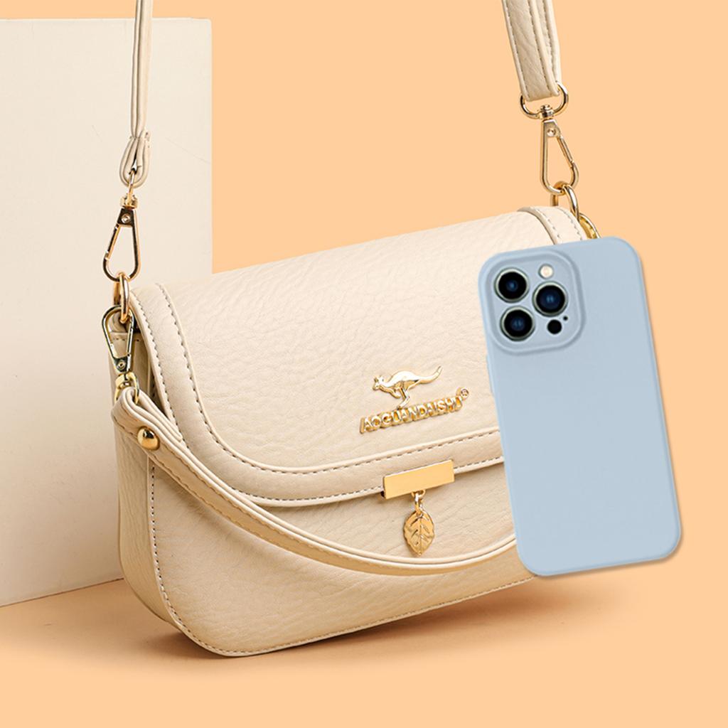 Women's Minimalist Shoulder Bag with Kangaroo Logo Lightweight PU Crossbody Bag Detachable Strap Zip For Daily use