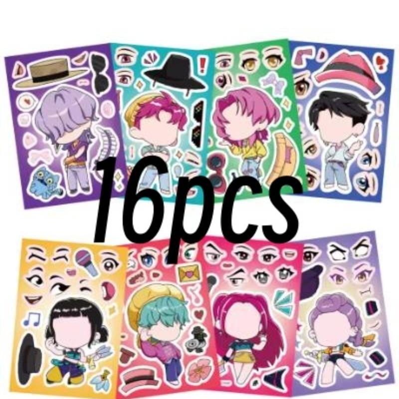 8/16/24Sheets Funny Kpop Demon Hunters Make A Face Puzzle Stickers Kids DIY Game Children Jigsaw  Toy Gift
