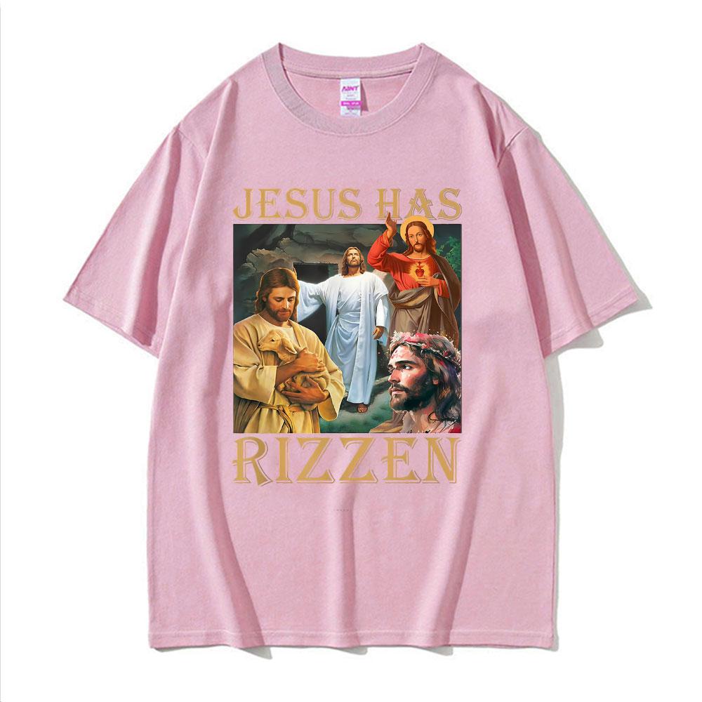 Jesus Has Rizzen Jesus Funny T Shirts Mens Clothing Summer Short Sleeve Pop Vintage Trend Cool Tshirt Cotton Oversized T Shirt