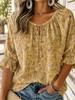 Women Tie V Neck 3/4 Ruffle Sleeve Printed Blouse, Casual Top for Daily Wear, Shopping and Travel