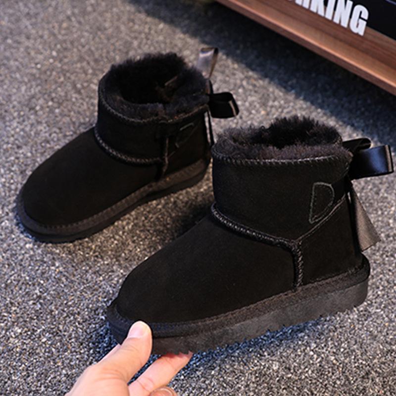 

Winter new children s snow boots men s and women s genuine leather warm non-slip fashionable cowhide large, medium and small students size 25-36 25 чёрный