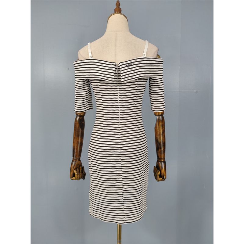 Export Single Gu Classic Black and White Stripes Contrast Color Hollow Concave-Convex Design Sling Short Collar Silm Sheath Dress