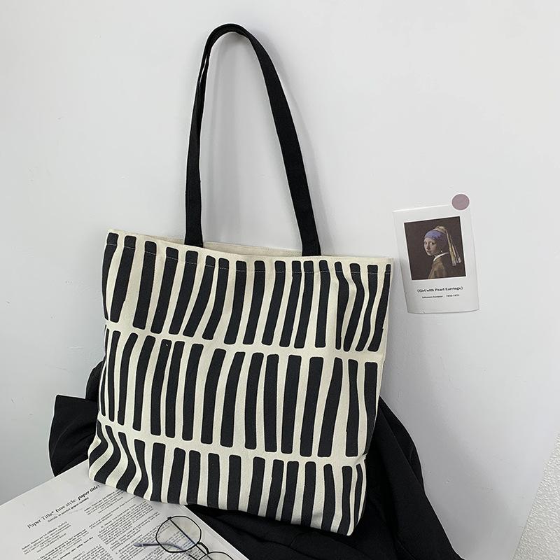 Striped Canvas Tote Bag Literary School Handbag Lightweight Shoulder Bag For Travelling Shopping