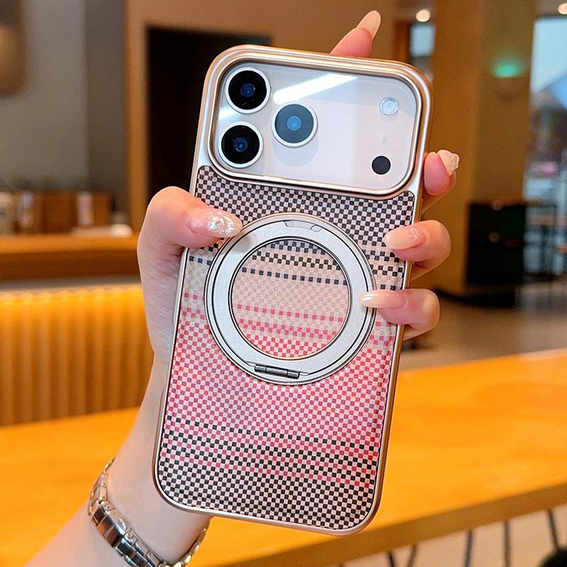 

Pu Leather Phone Case for iPhone 17 Pro Max 17Air 16 Pro 15 Plus 14 Colorful Plaid Pattern Magnetic Rotating Bracket Ring Cover iPhone Air серебряный