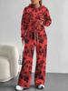 European, American Autumn and Winter Blue Flower Casual Long-sleeved Suit Women's Hooded Sweater Trousers Two-piece Set