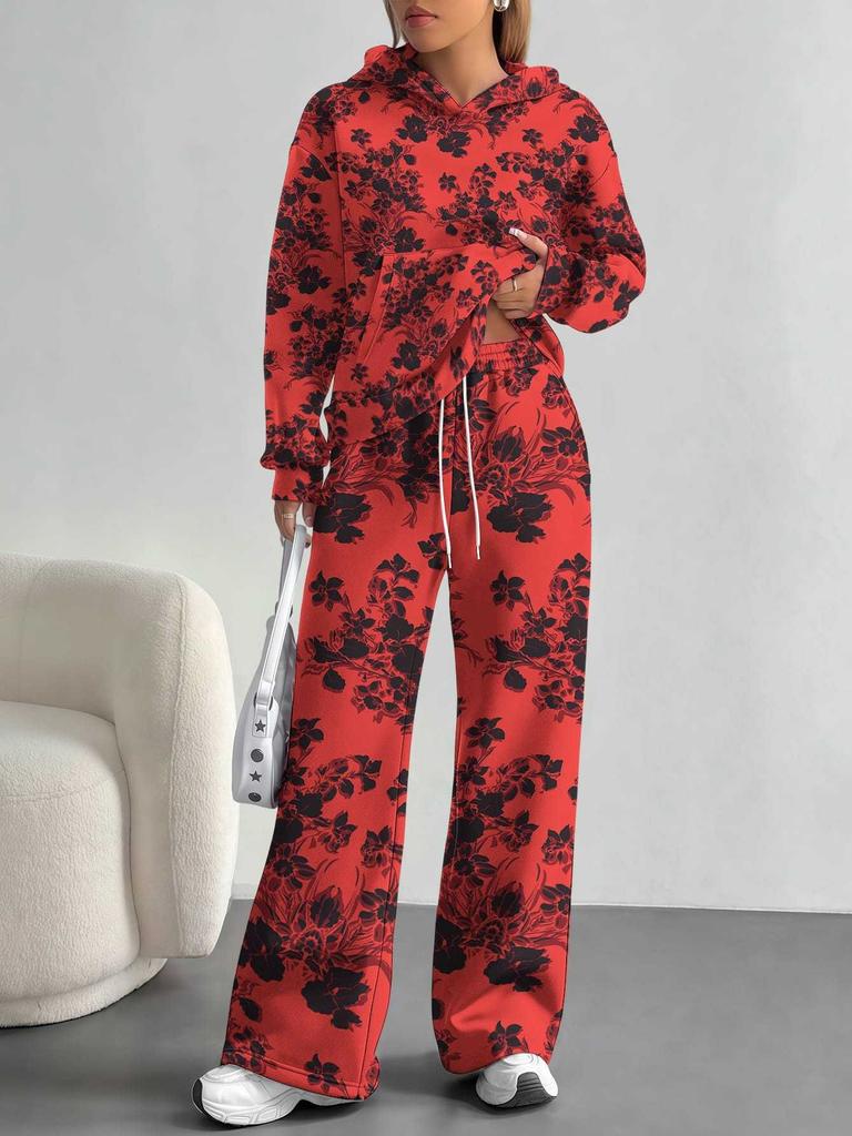 European, American Autumn and Winter Blue Flower Casual Long-sleeved Suit Women's Hooded Sweater Trousers Two-piece Set