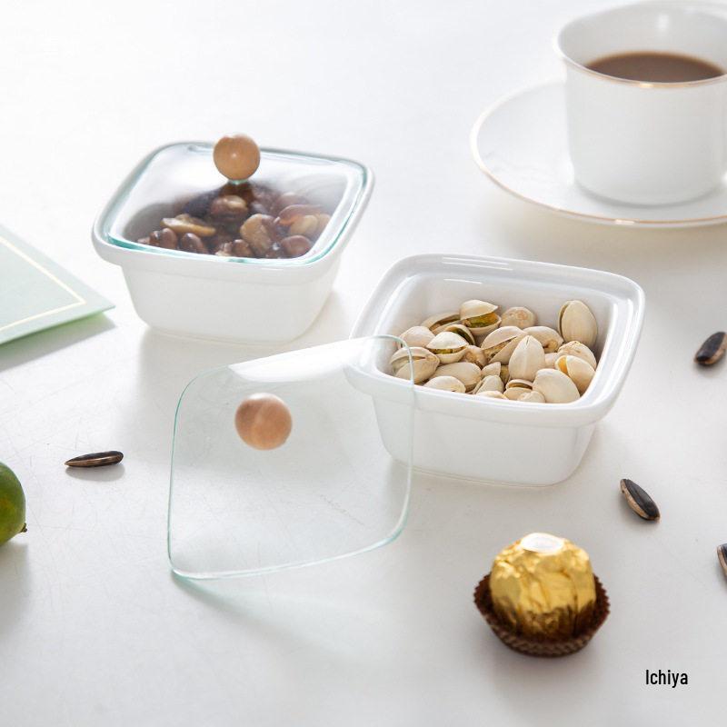 Vassoio per Snack in Bambù Stile Nordico con Coperchio in Vetro e Piatto in Ceramica