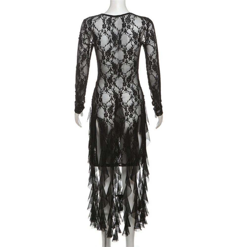 Ruffled Edge Pleated Lace Dress Tassel Transparent Dress Women Elegant Lace Flower Dress  For Girls