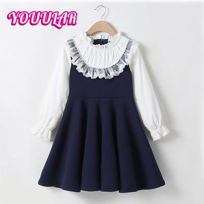 Spring and Autumn Girls Long Sleeve Dress Lace Collar Princess Dress Children's Tops 4-13 Y Student School Uniform Dress