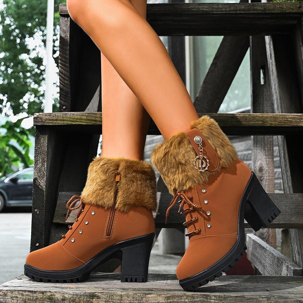 Plus Size Rhinestone Martin Boots 2024: High Heel, Warm Cotton, Side Zipper Women's Fashion Boots for Autumn/Winter