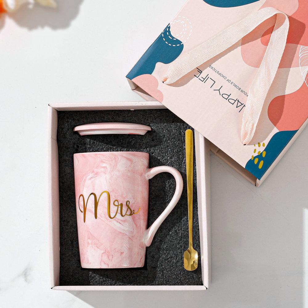 Nordic Ceramic Couple Mug with Lid and Spoon - Stone Pattern Gift Cup for Company Events