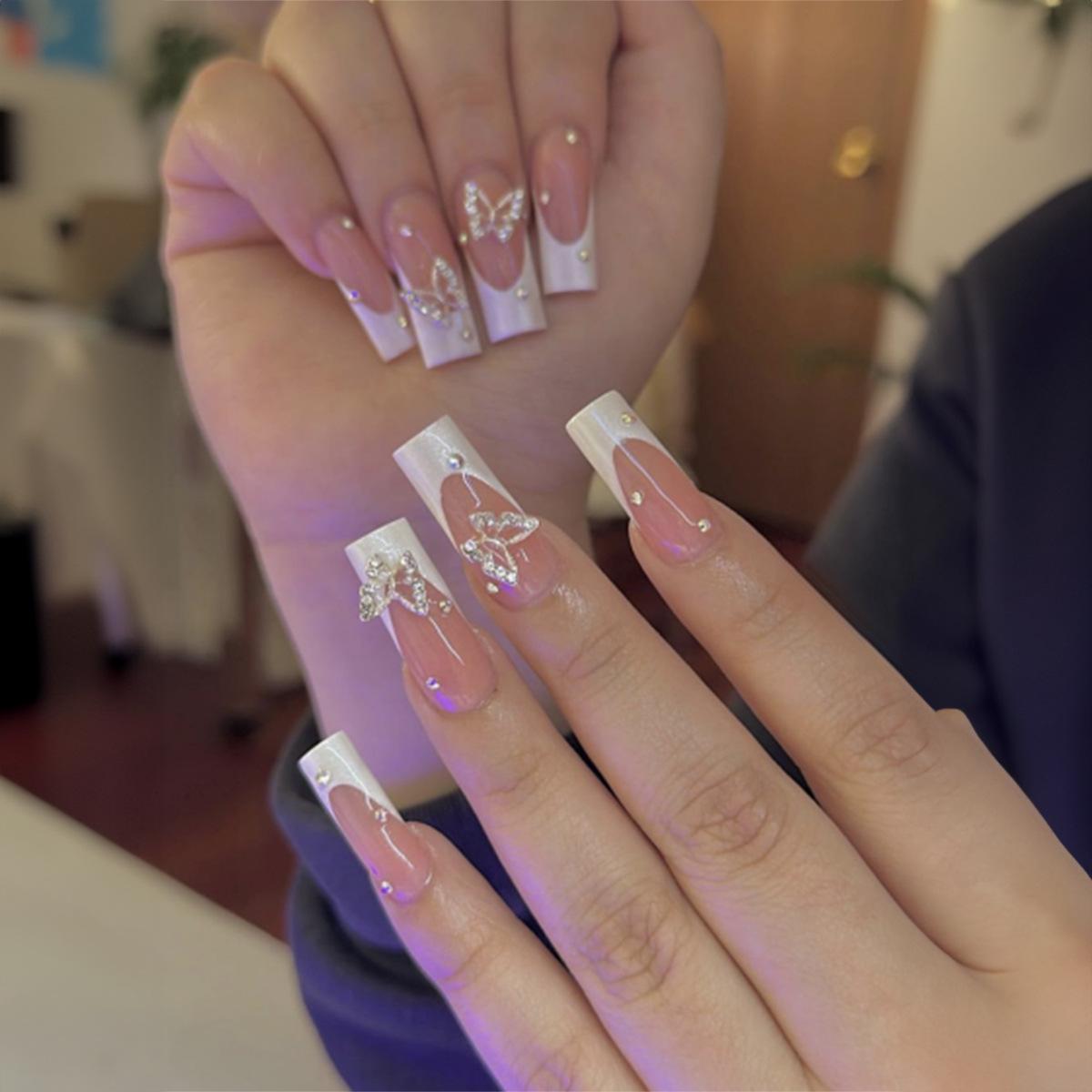 

White French Tip Butterfly Rhinestone Press-On Nails