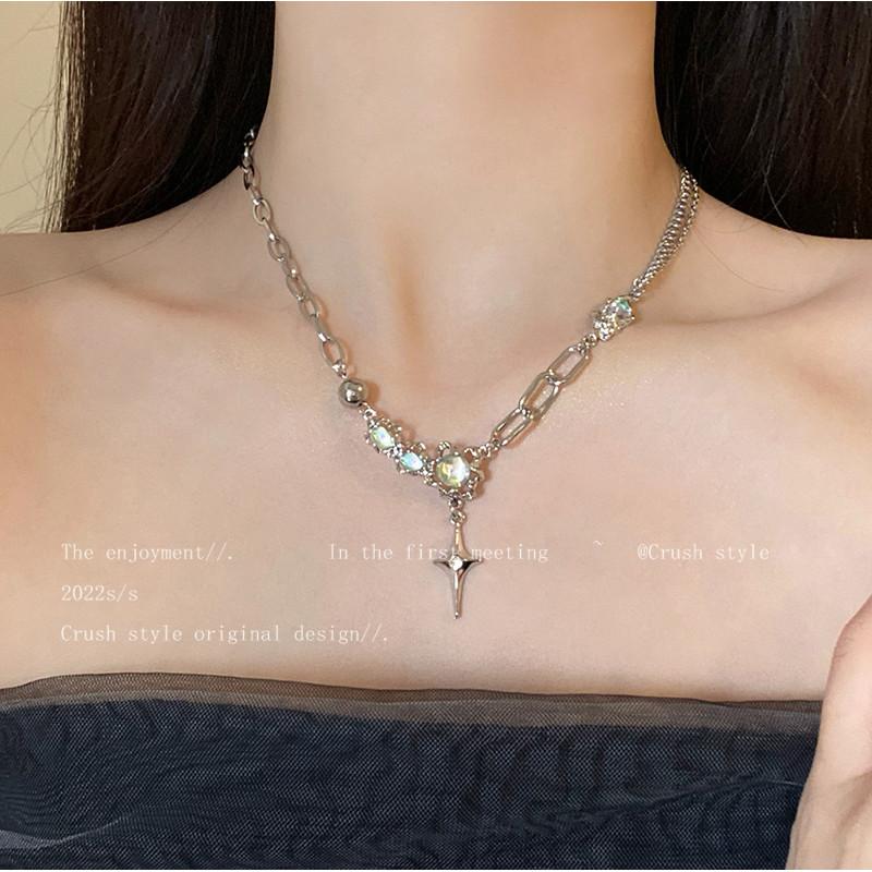 17KM Simple Cross Necklace for Women Elegant MoonStone Crystal Silver Necklaces Chain Accessories Jewelry