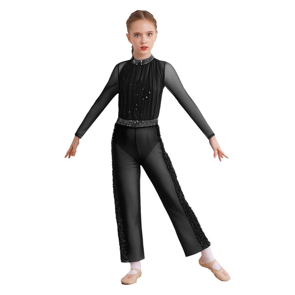 Κοριτσίστικο Κοστούμι Παγοδρομίας Sparkle Στρας Διχτυωτό Ολόσωμο Κολάν Ελαστική Μέση Φαρδιά Παντελόνα