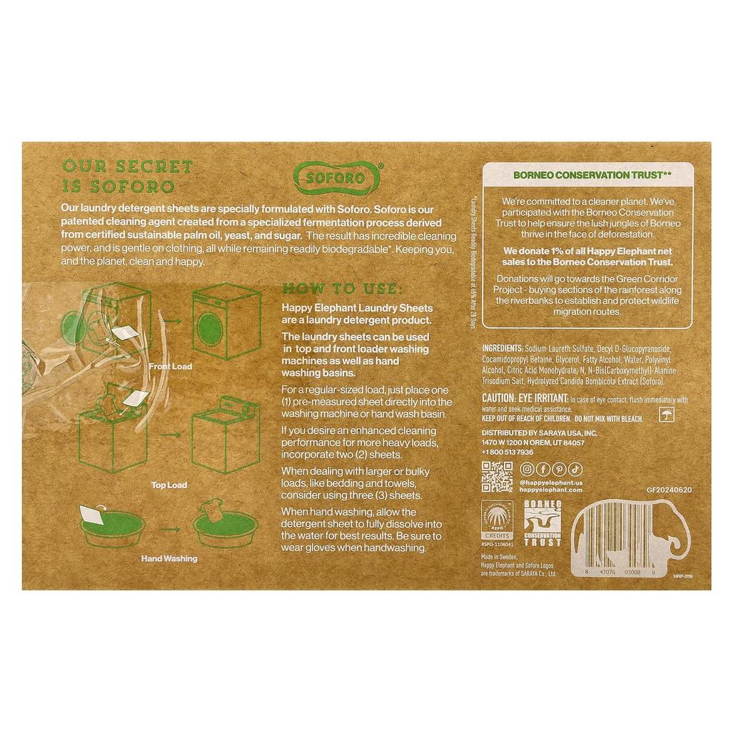 Happy Elephant, Laundry Sheets, Fragrance-Free, 62 Sheets, 165g (5.82oz)