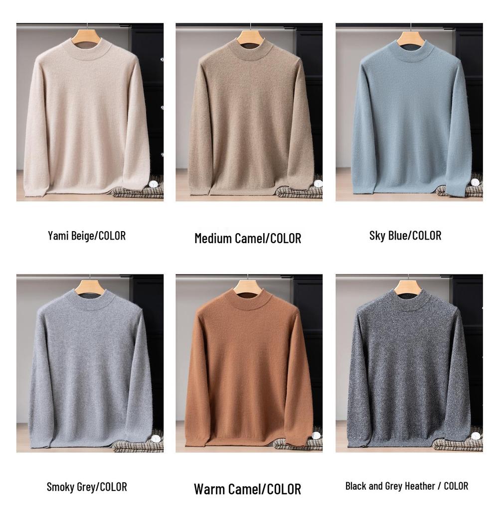 Men's 12-Gauge Double-Layer Cashmere Sweater, Half-High Collar, Long-Sleeve, Business Casual, Warm Knitted Base Layer