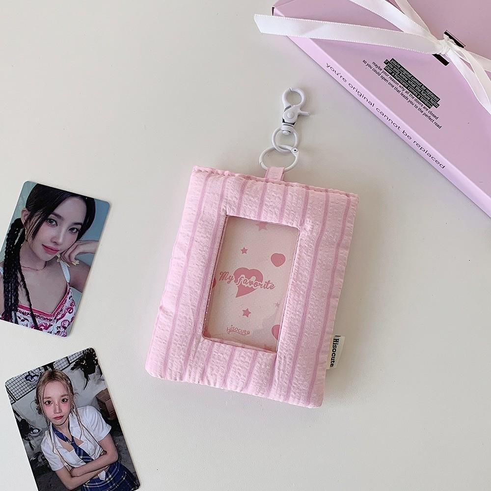 Pillow Shape Photocard Holder Keychain Striped Heart Hanging Decoration Campus Card Protective Cover Idol Card Display Protector