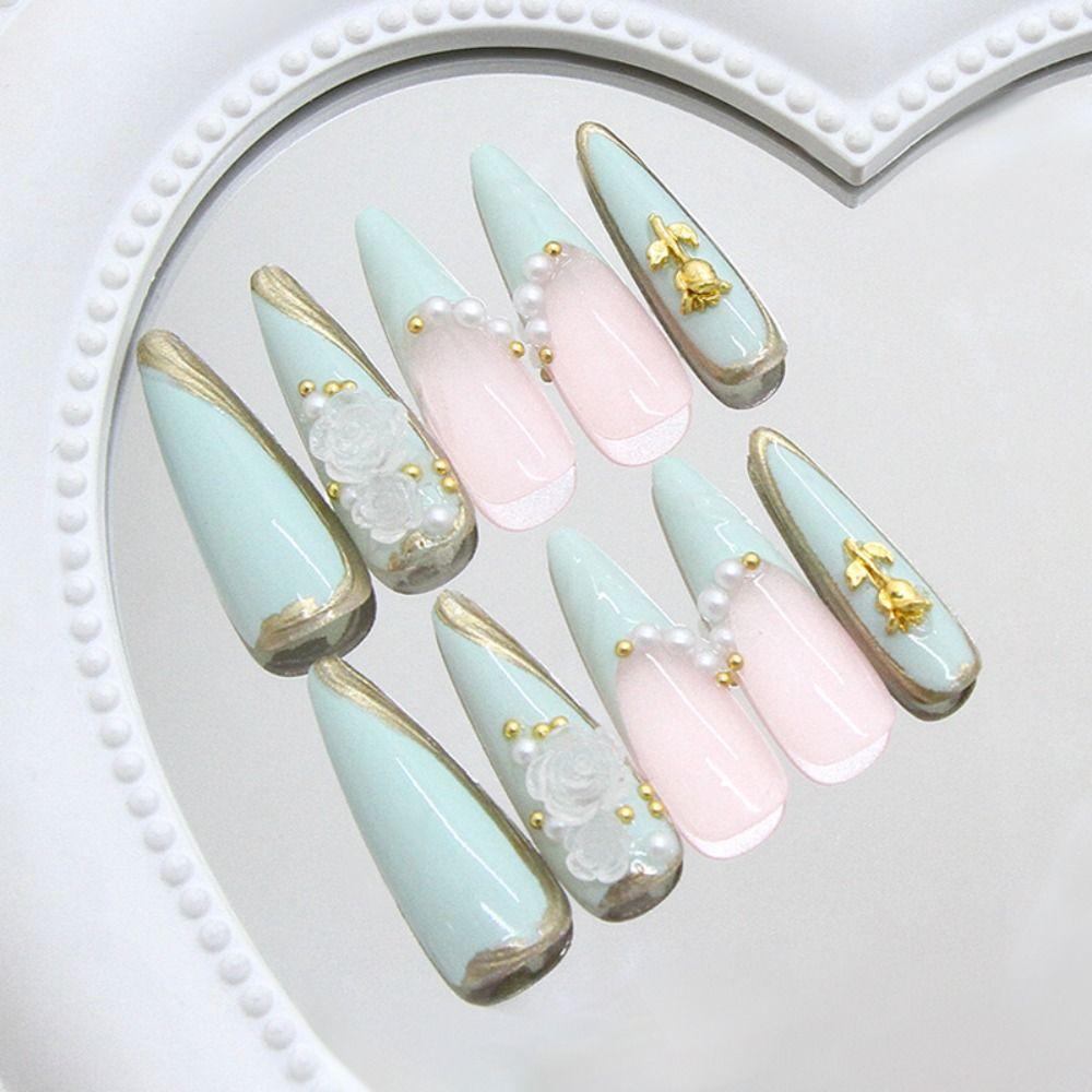24pcs Manicure Long Almond Stiletto False Nails French Green Wavy Fake Nails Detachable Pearl French Nail Tips Women