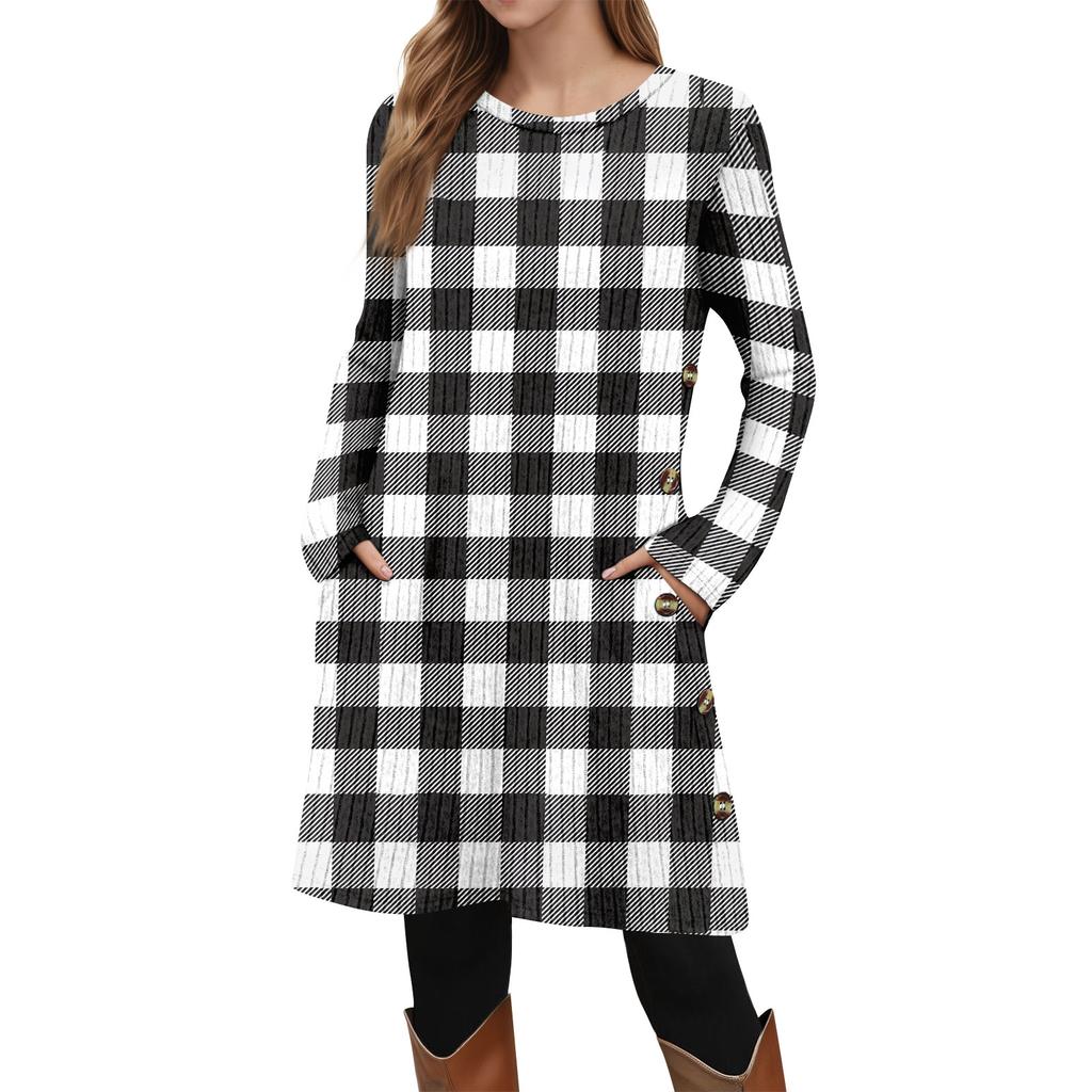 Women's Fashion Casual Long SleeveTunic Dress With Pockets Side Button Dress