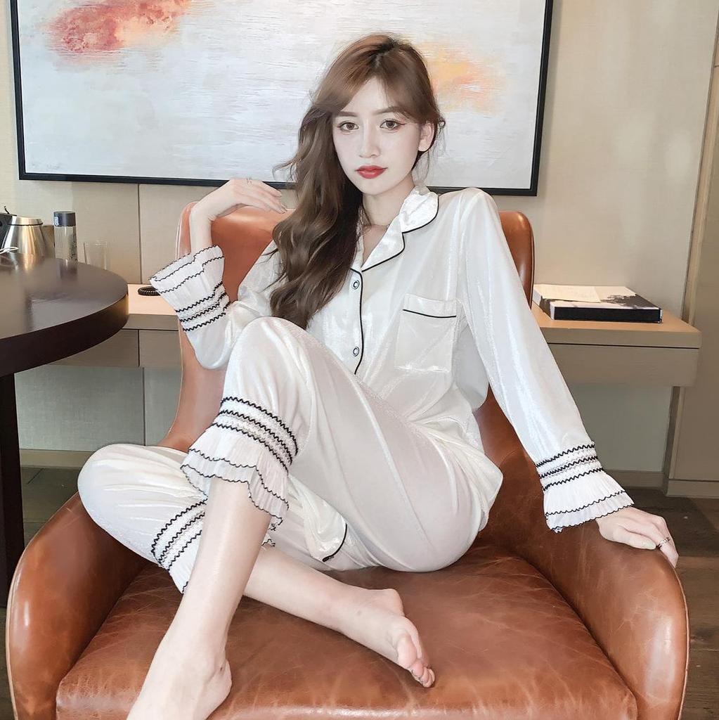 Women's Gold Velvet Pajamas Suit: Sexy Korean Style, Long Sleeves, for Spring, Autumn, Winter.