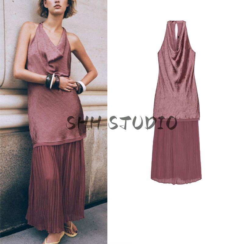 Summer New Product Women Clothes French Style Design Sense Hanging Collar Small Pleated Patchwork Midi Dress 5029154