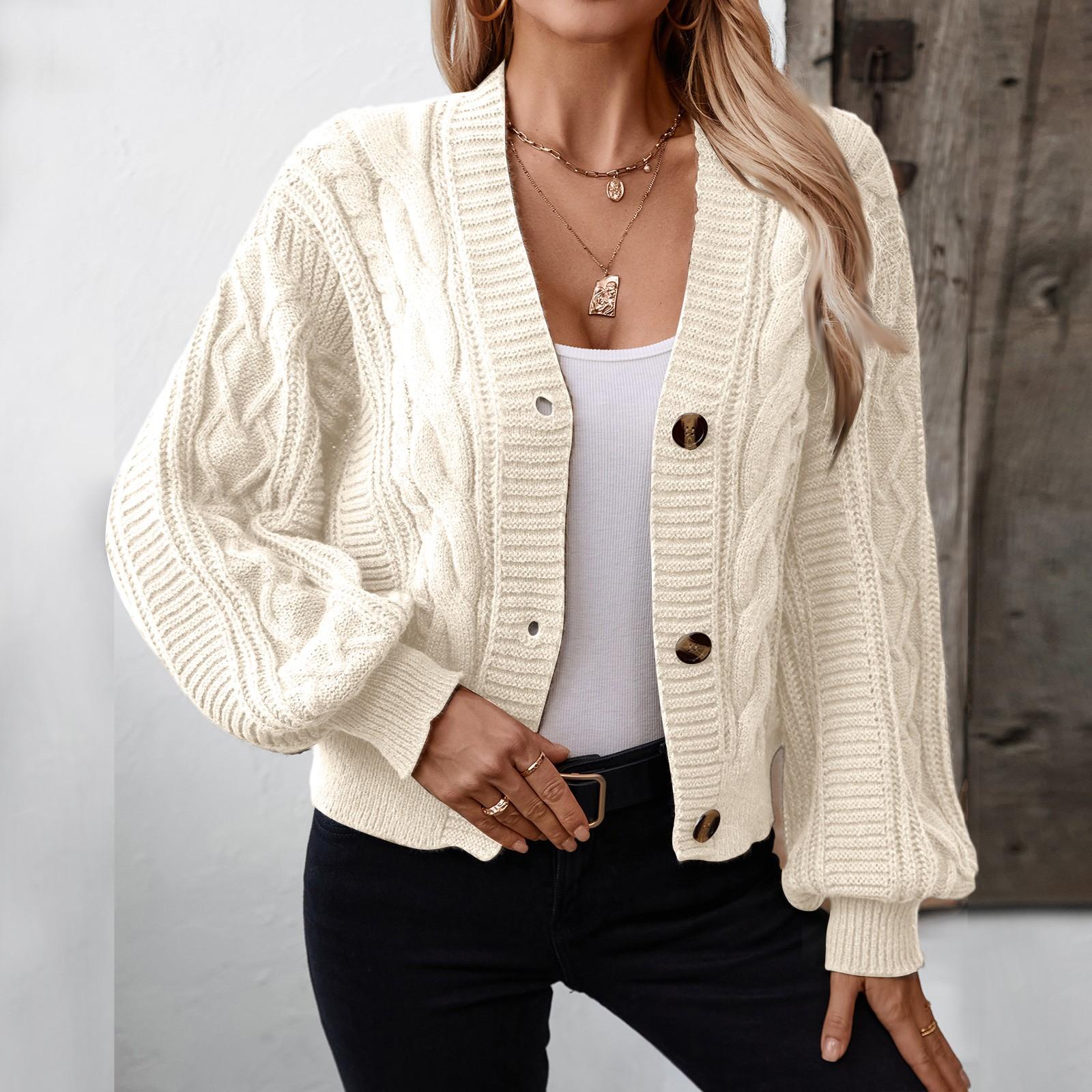 

Женский модный повседневный однотонный трикотажный кардиган-жакет с V-образным вырезом, длинными рукавами, свободного кроя, с косами и пуговицами M бежевый