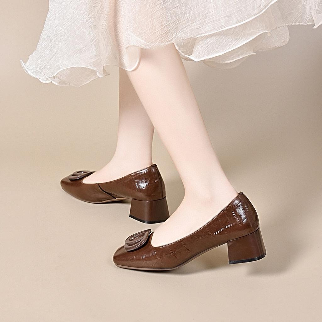 Women's Shoes Shallow Mouth Simple Square Head Cover Feet High Heels Thick Heel Middle Heel Round Buckle Women's Single Shoes Women's Work Shoes