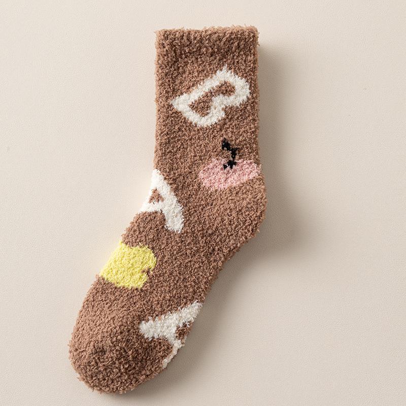 Coral fleece autumn and winter socks women's fleece thickened cartoon bear medium tube socks warm and comfortable home sleeping floor socks