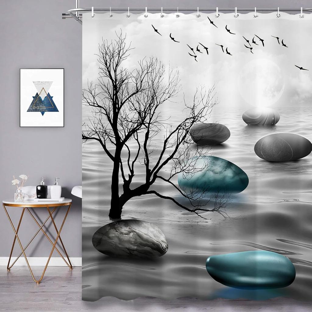 Spa Modern Shower Curtain Black White Blue Abstract Shower Curtain Set for Bathroom Tree Stone Men Waterproof Bathtub Curtain