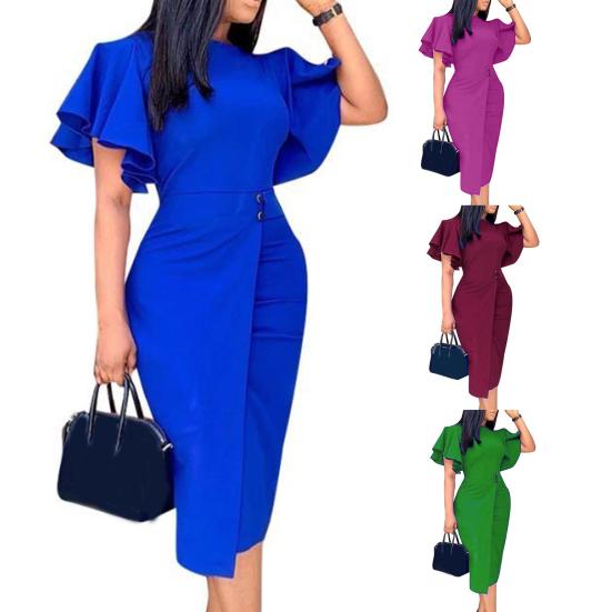 Formal Dress Solid Color Split Hem Summer Slim Crew Neck Dress for Wedding