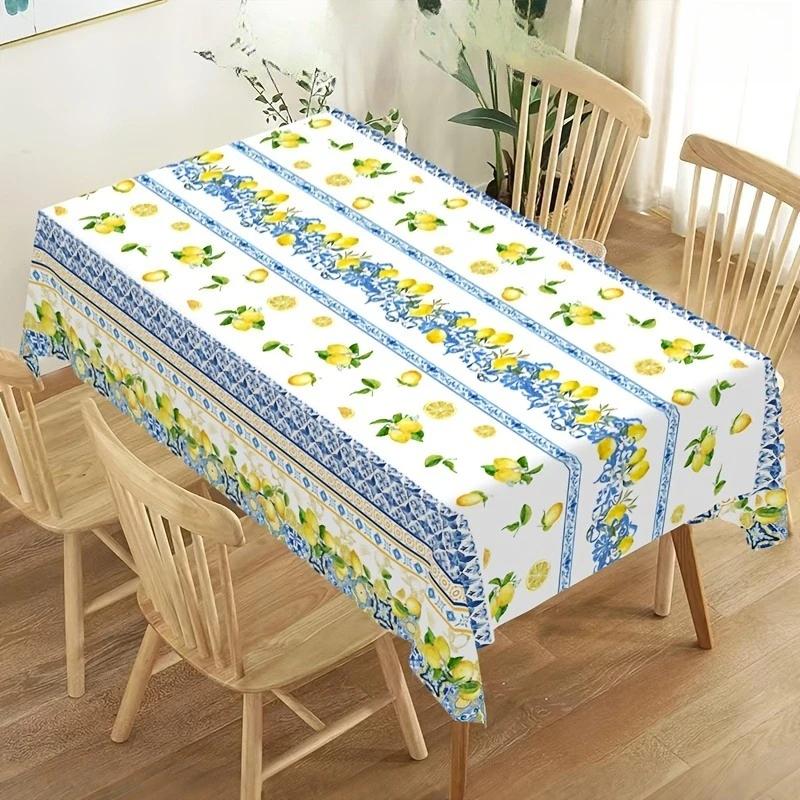 1pc Rectangular Tablecloth White Blue Yellow Lemon Print Table Cover For Kitchen Dining Room Decorative Dustproof Oilproof