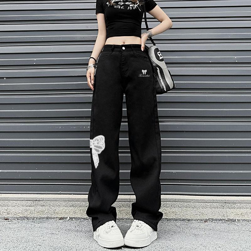 

Женская одежда Вышитые джинсы Высокая посадка Облегающий крой Широкие брючины Повседневный Корейский стиль Модные Универсальные Новинка Брюки S чёрный