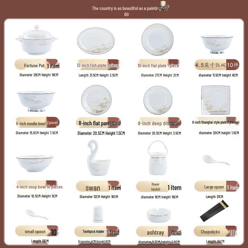 Jingdezhen Grand Rivers and Mountains 60-Piece Ceramic Dinnerware Set