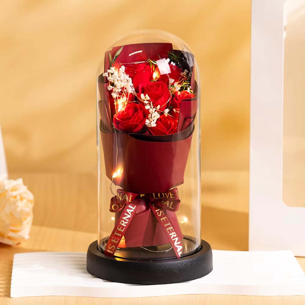 Real Touch Eternal Rose Dome with LED Lights Romantic Home Decor Preserved Flower Gift for Valentine Anniversary Wedding