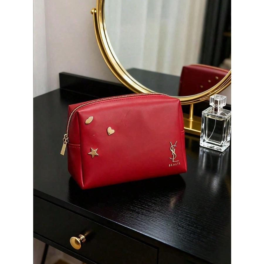 ​Czerwona kosmetyczka YSL z ozdobami w postaci złotych gwiazdek, damska podręczna kopertówka, organizer na codzienne niezbędniki​