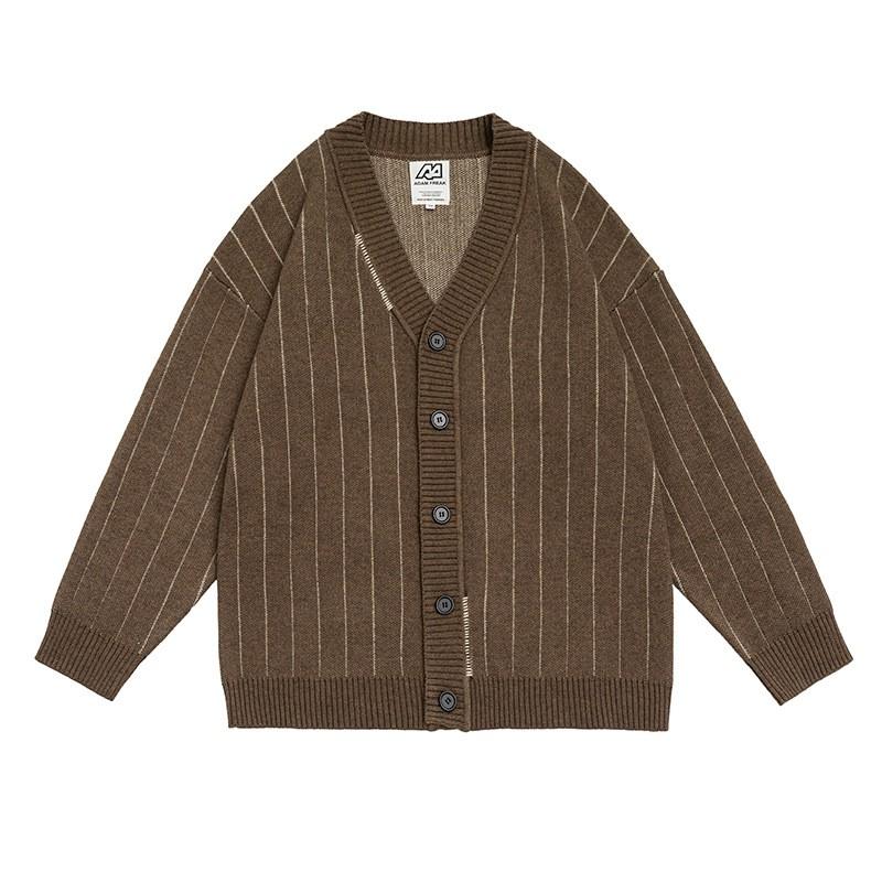 Unisex Japanese Retro Style Striped Knit Cardigan V-Neck Loose Fit Sweater Casual Wear