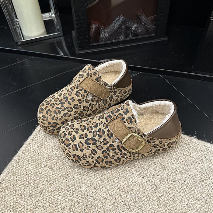 Inner Height Increase Boken Women's Shoes Outer Wear 2025 Autumn and Winter New Retro Leopard Print One Pedal Casual Doudou Single Shoes