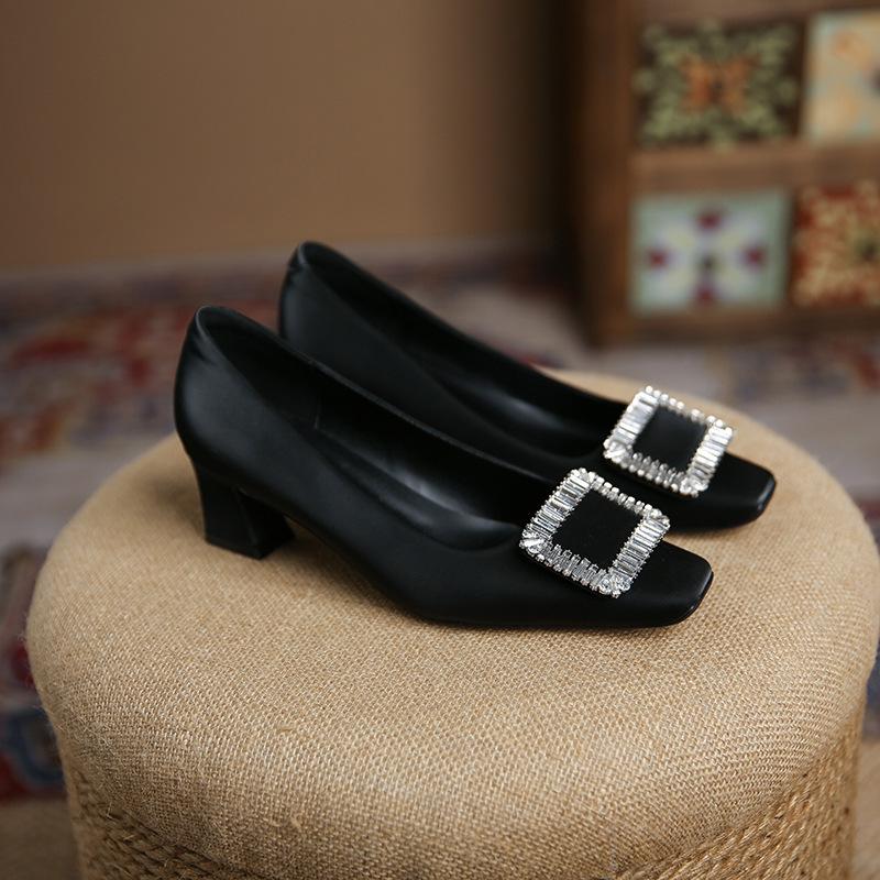 

A610-2 square buckle rhinestone shallow thick heel shoes Korean version of sardines square head middle heel shoes spring professional fashion wom 34 чёрный