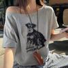 Loose Korean Puppy Print Slanted Shoulder Short-sleeved T-shirt Women's Summer Lazy Style Versatile Spice Girl Off-shoulder Top Trend