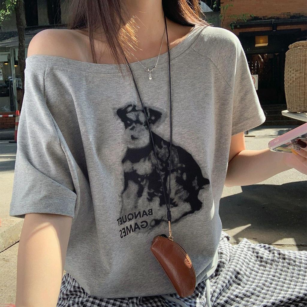 Loose Korean Puppy Print Slanted Shoulder Short-sleeved T-shirt Women's Summer Lazy Style Versatile Spice Girl Off-shoulder Top Trend