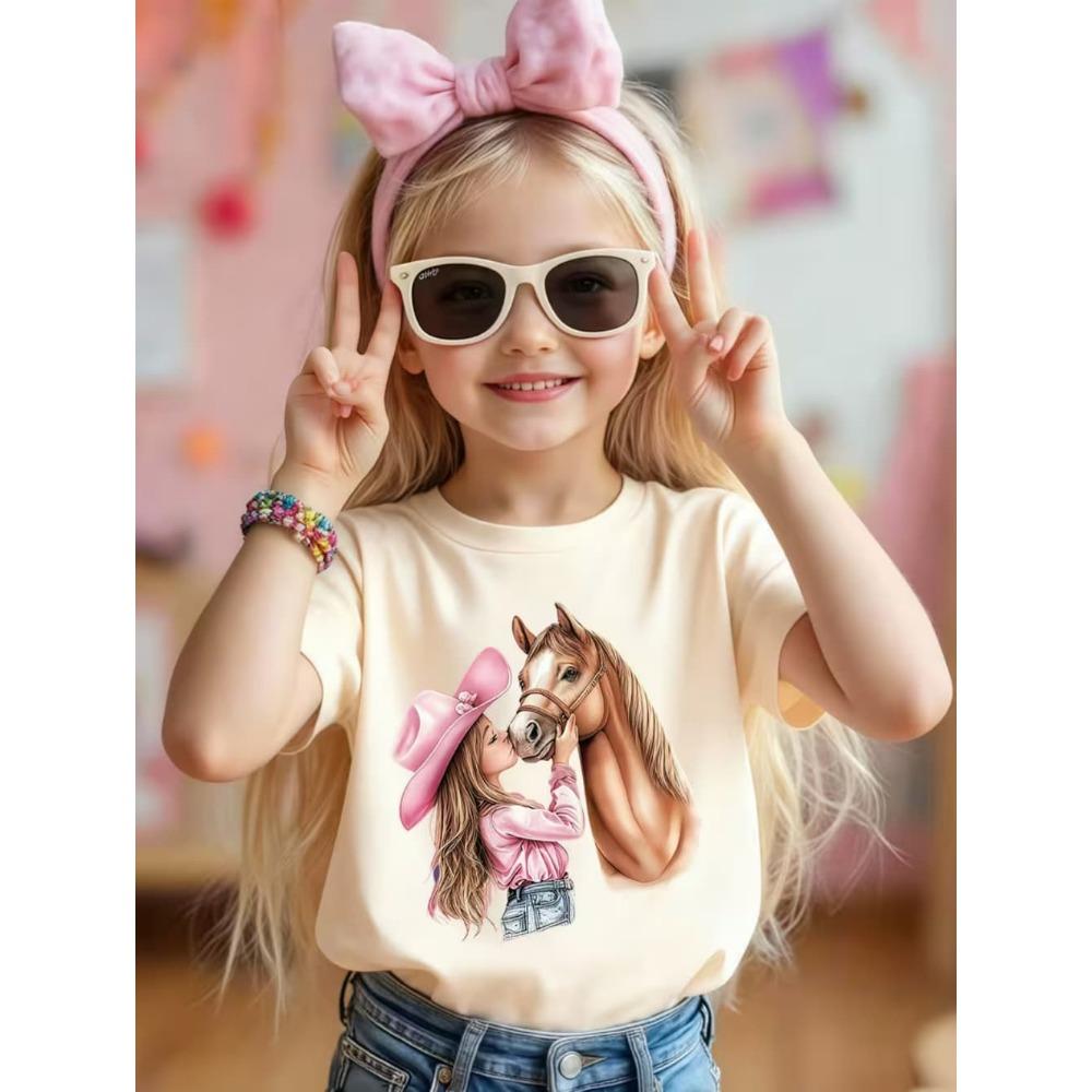 Girl Clothes Cow Girl Riding Horse 3D Print T-Shirt Western Festival Casual Top Summer Short Sleeve Outdoor Children's Clothing