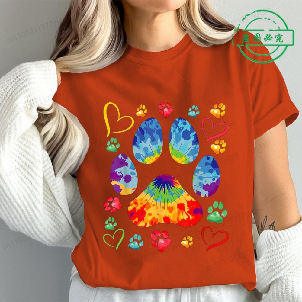 Tie Dye Paw Print Women T Shirt Fashion Casual Graphic T-Shirts Short Sleeve Tee Tops Summer Fashion Female T-Shirt Mujer