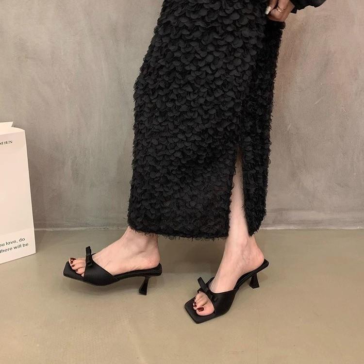 Niche Bow High-heeled Slippers French Small Sandals Muller Half Slippers New High-heeled Sandals Women's Summer Wear