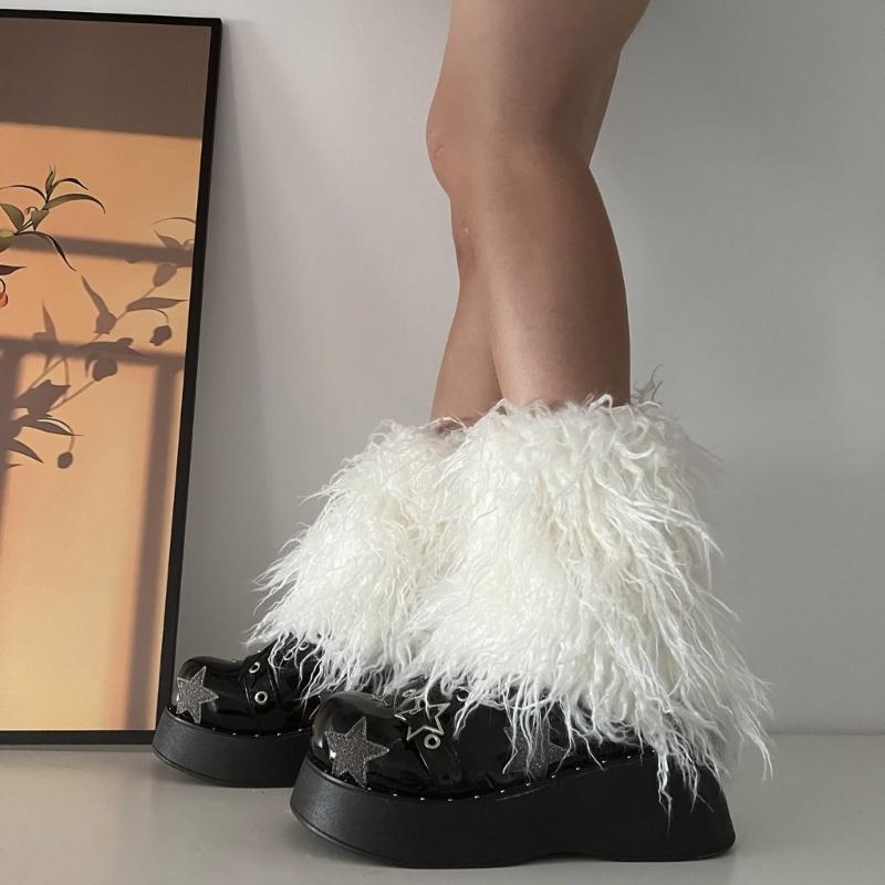 Fuzzy Faux Furs Leg Warmers Furs Heels Long Boots Cuffs Cover Has Elastic One Pair Carnivals Boot Cover Y2K JK Uniform
