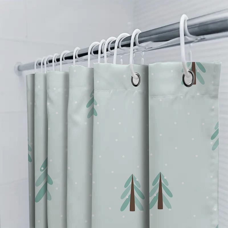 Winter-Themed Shower Curtain Made With Waterproof Polyester Fabric Featuring A Cute Christmas Tree Print In Mint Green And Brown